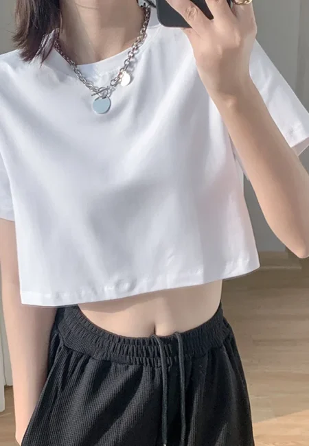 Y2 K Loose Crop Top - Soft Stretch Summer Tee Pink White