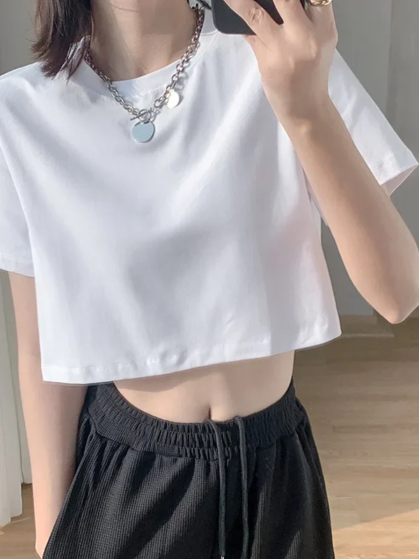 Summer Fashion Women's Clothing Top Y2K loose Short Sleeve T-shirt  Solid Color Street Women Crop Top