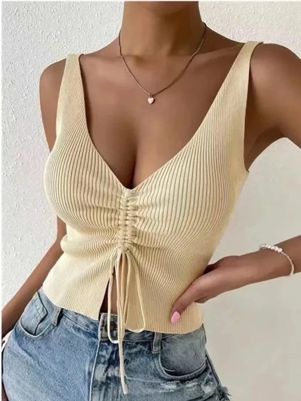New Summer Women Drawstring Front Ribbed Knit Tops Femme  V Neck Sleeveless Crop Top Clothes High Stretch Split Cropped Tank