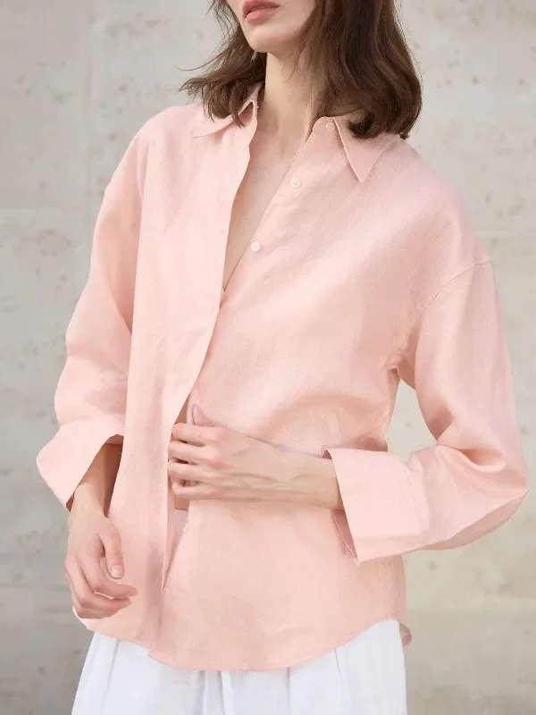 100% Linen Women Shirts Vintage Long Sleeve Single Breasted Turn Down Collar Loose Fashion High Street White Pink Blouse Tops