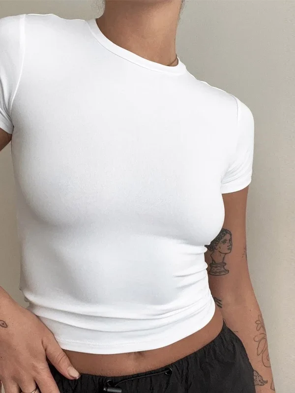 Woman Clothing Short Sleeve T-shirt  Fit Tops Female O-Neck Knitted Sheath Tee Shirt Street Wear Sex Sporty  Y2K New2410
