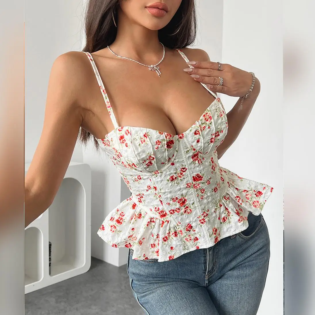 kf-S46a90ec63c254258a4a96cc147cfe698N Elegant Floral Crop Top with Lace-Up Detail for Summer Style