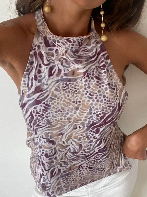 Boho  Backless Vacation Beach Camisoles Vest Women Y2k Graphic Print Halter Tank Top Summer Sleeveless Going Out Crop Tops