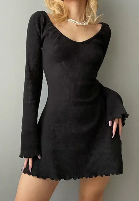 Stunning U Neck Backless Mini Dress with Flared Sleeves A-Line
