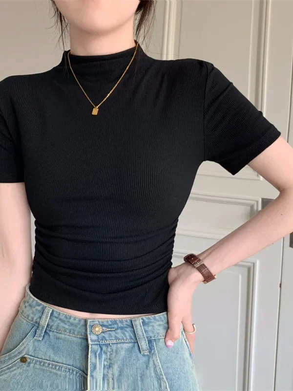 Y2 K Pleated Turtleneck Crop Tee - Trendy Summer Essential 1 Y2 K Pleated Turtleneck Crop Tee - Trendy Summer Essential