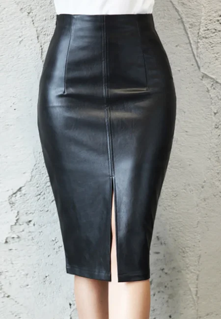 Sophisticated Black Faux Leather Midi Skirt with Slit Detail