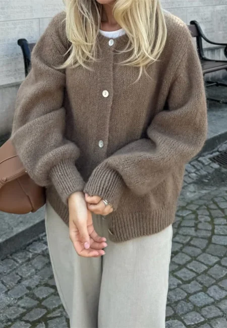 Luxurious Women's Knit Cardigan - Fuzzy Button-Down Style