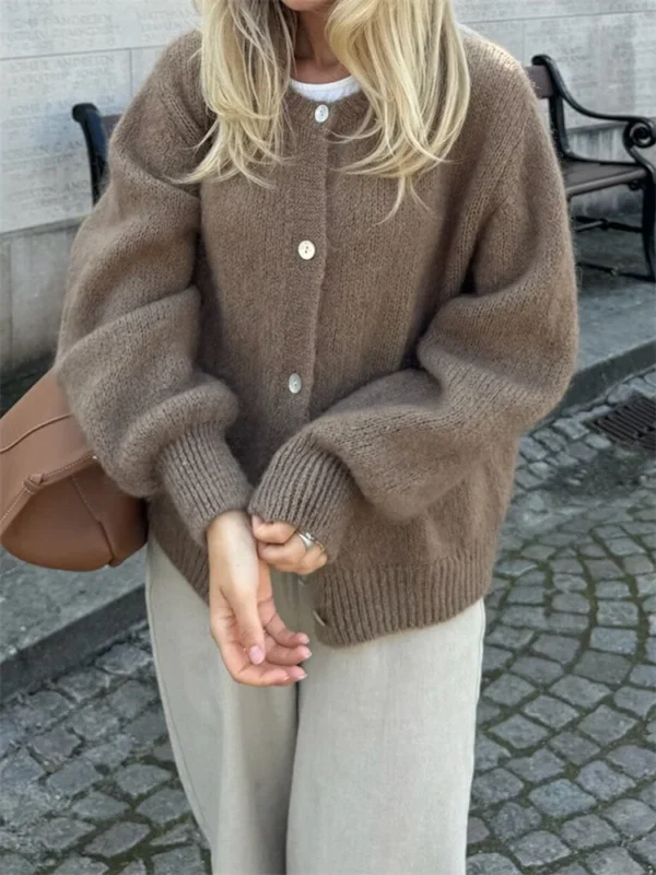 Luxurious Women's Knit Cardigan - Fuzzy Button-Down Style