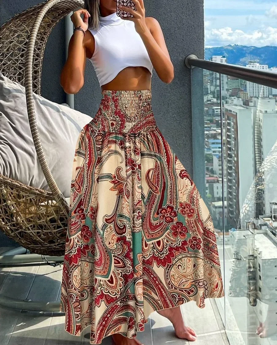 Kf-S51A40F7C9B0F458Ba1C7A5Be39677799Y Plus Size High Waist Skirt: Elegant Summer Print Style