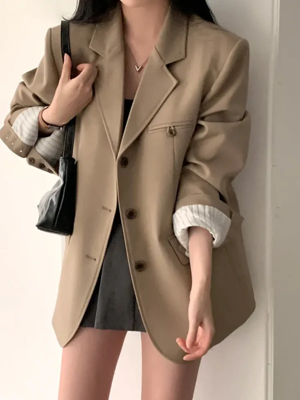 Early Autumn Chic Loose Long Sve Single Button Women's Suit Jaet Versatile Korean Sle Commute Pure Color Faion
