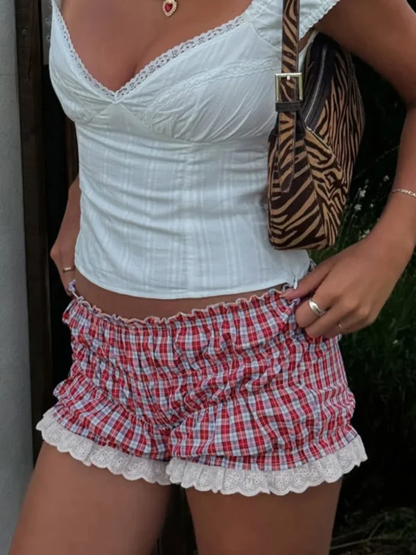 Retro Plaid Patchwork Lace Low-Rise Women's Street Shorts