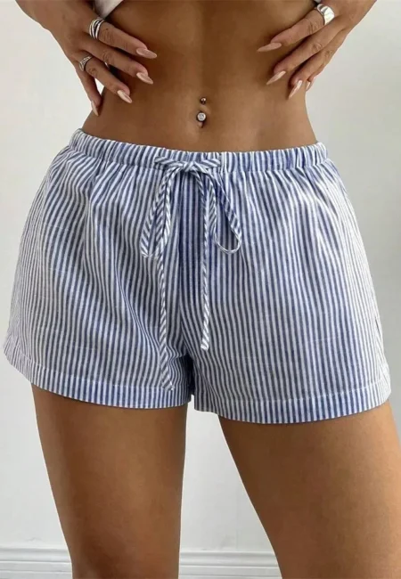 Blue Striped Summer Shorts Women Drawstring Casual Beach Wear