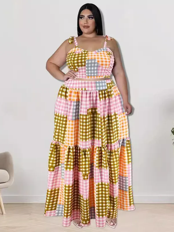 Plus Size Summer Plaid Suspender Top & Flowy Swing Skirt