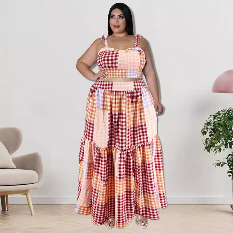 Kf-S576643C203A34A93B2B14Fbcb9Ac008E4 Plus Size Summer Plaid Suspender Top &Amp;Amp; Flowy Swing Skirt