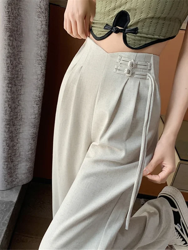 New Linen High Waist Suit Wide Leg Women's Full Pants Spring Summer Female Elegant Minimalism Straight Loose Trousers