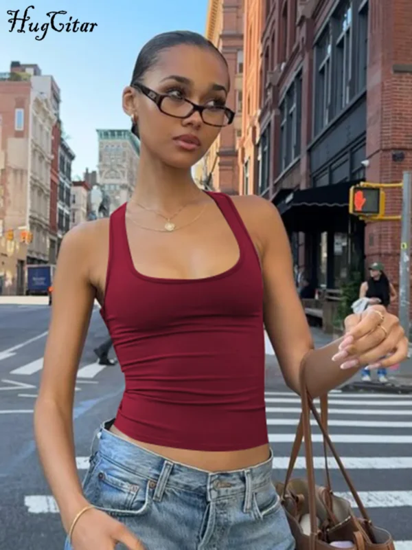 Hugcitar  Summer Solid Straps   Crop Tank Top Women Casual Y2K Clothes Streetwear Party Sport Festivak Wholesale