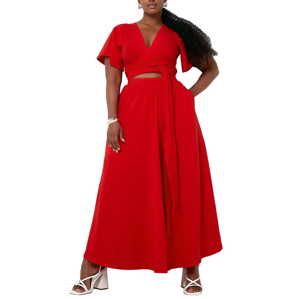 Kf-S580Efda32Cc4494Eaa5E871A9C989E0A5 Flattering V-Neck Two Piece Summer Set - Elastic Waist Comfort