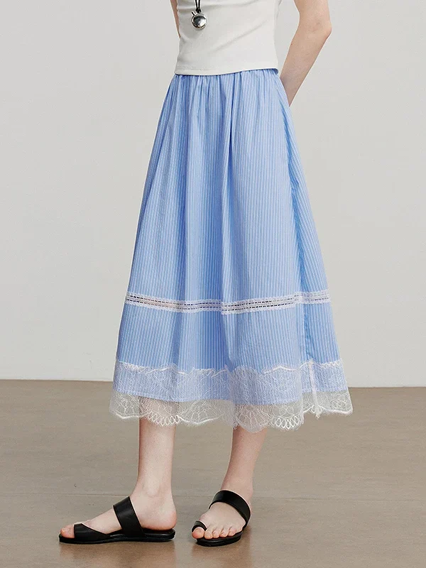 TOYOUTH Women Skirt  Summer New Summer New Light Blue Striped Patchwork Lace A Line Minimalist Umbrella Skirt 8520094