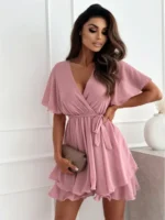 Chic V-Neck Ruffled Mini Dress for Stylish Summer Parties