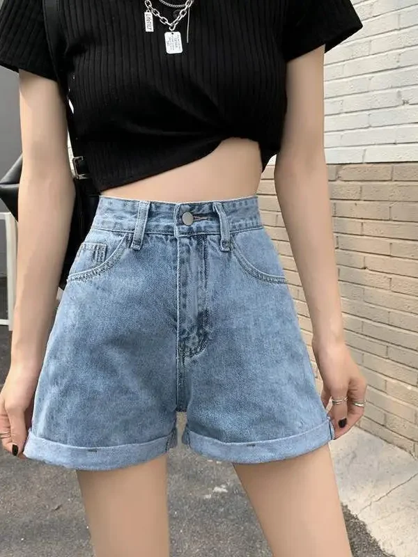 Summer Women's High Waist Denim Shorts Casual Aesthetic Clothes Plus Size Y2k Pants Streetwear Button Wide Leg Short Jeans