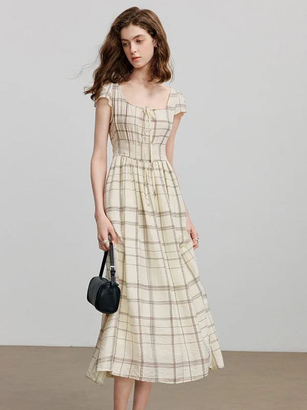 Khaki A-Line Midi Dress with Pockets for Summer Elegance