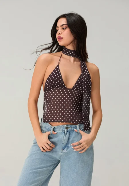 Polka Dot Halter Backless Cami Top - Summer Cotton Blend