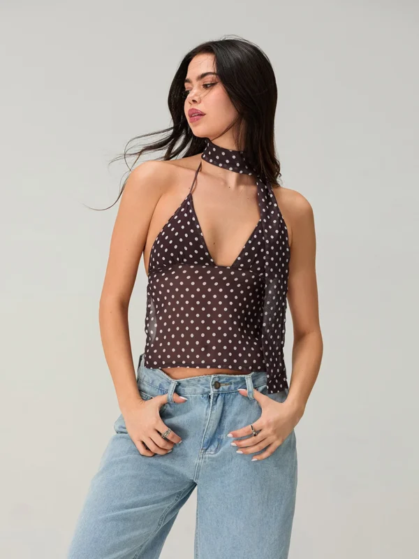 Polka Dot Halter Backless Cami Top - Summer Cotton Blend