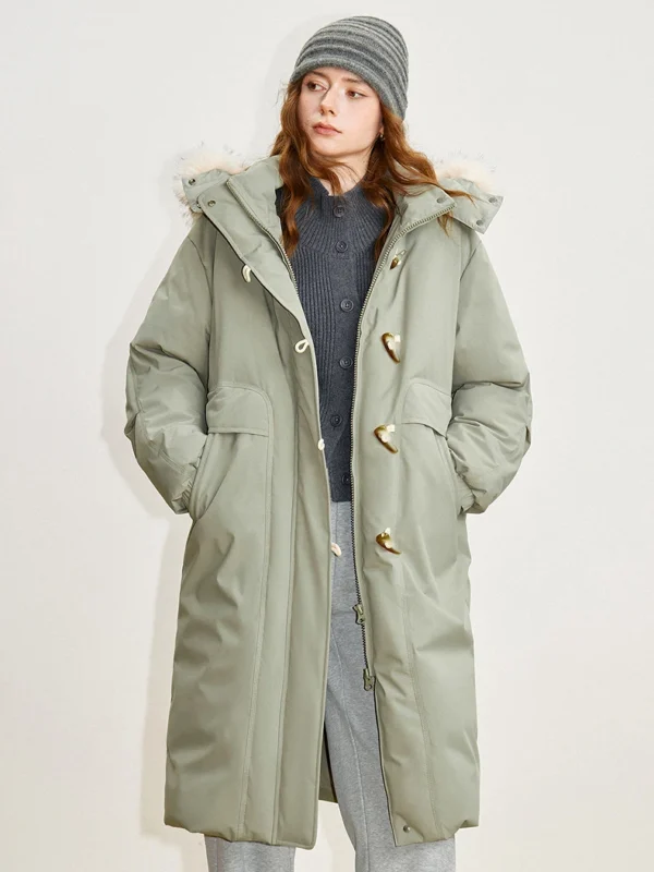 TOYOUTH Women 90% Down Jacket  Winter New Fur Collar Hooded Cow Horn Buckle Three-proof Long Coat