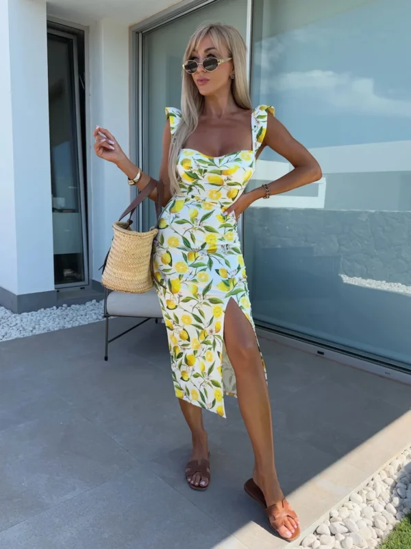 Lemon Yellow Midi Dress: Elegant Sheath with Slit & Butterfly Sleeves