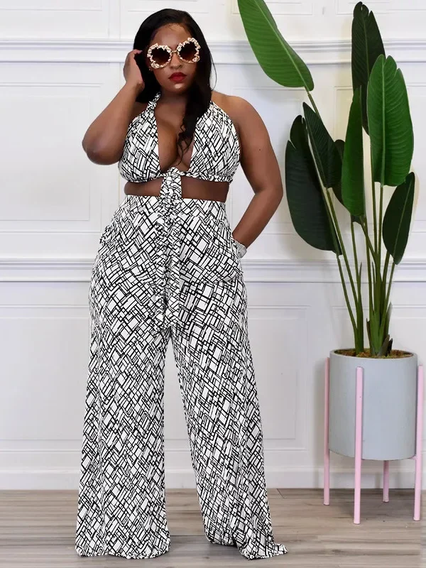 Chic Plus Size Summer Print Set with Backless Design