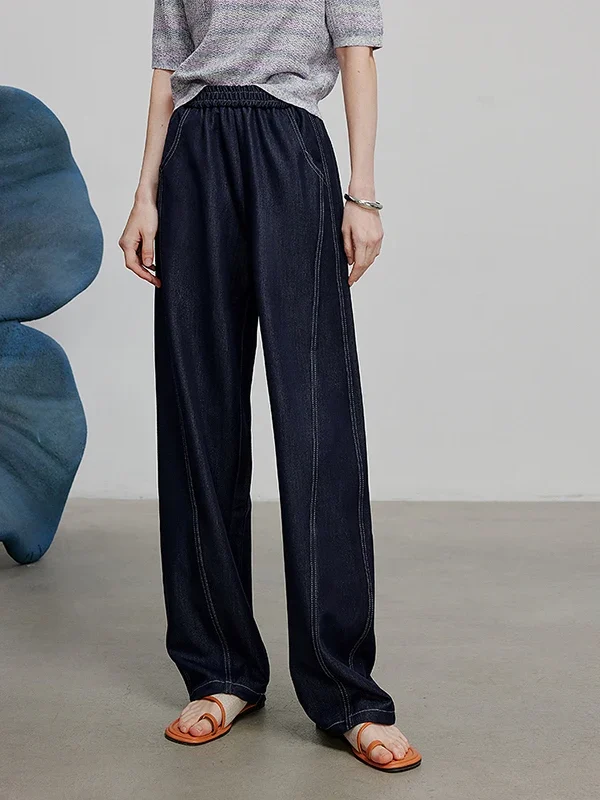 TOYOUTH Women's Elastic Waist Wide Leg Denim Pants