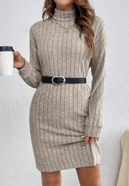 Gray Turtleneck Knit Dress - Cozy Long Sleeve Winter Style