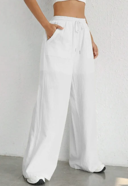 High-Waisted Women's Wide Leg Pants with Pockets & Drawstring
