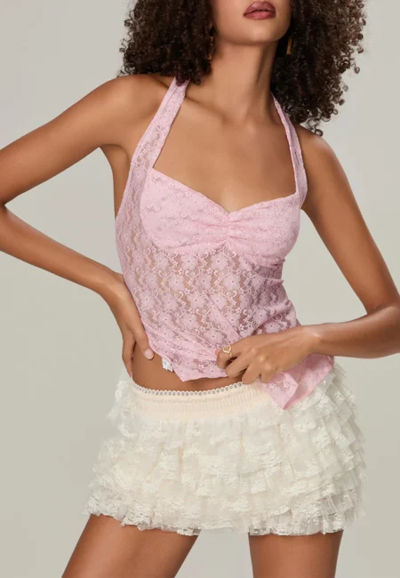 Lace Halter Neck Crop Top for Women - Summer Vintage Style