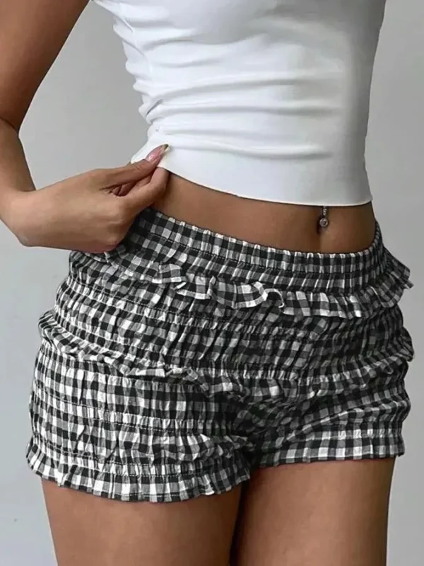 Vintage Plaid Ruffle Hem Bubble Shorts for Effortless Style