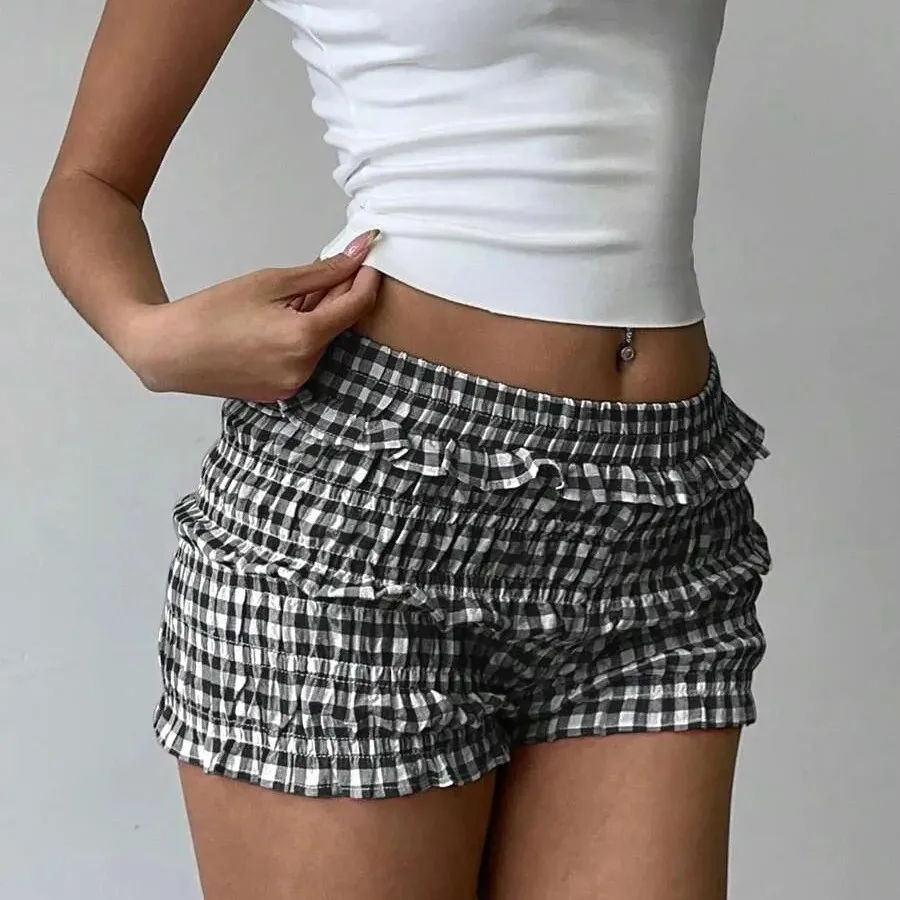 kf-S65a2449fff2744eb8371a4097c79f66af Vintage Plaid Ruffle Hem Bubble Shorts for Effortless Style