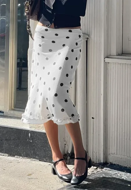 Vintage Polka Dot A-Line Skirt with Ruffle Trim - Festival Ready