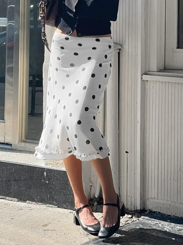Women's Retro Polka Dot Black Fungus Edge Half Skirt Street Style Contrasting Color Versatile Mid-Waist A-Line Long Skirt