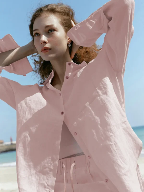 Vintage Linen Shirt Women Lapel Single-breasted Long-sleeved Casual Sun-protective Cardigan Top High Street Fashion Chic Blouse