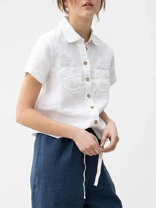 Linen Short Sleeve Women’s Shirt - Chic Summer Office Wear