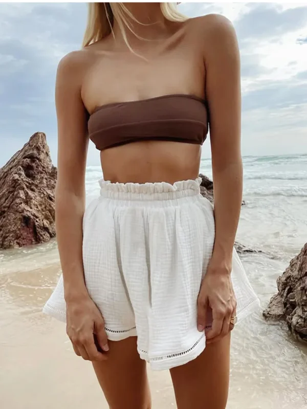 Luxurious Cotton Gauze Shorts with Lace - High Waist Comfort