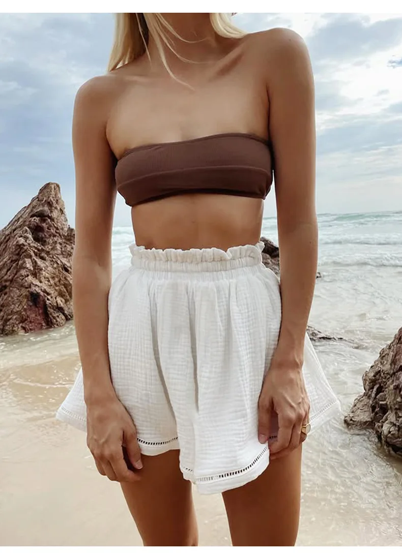 Kf-S6823Be0995734F16B5841A5002D7F88Bu Luxurious Cotton Gauze Shorts With Lace - High Waist Comfort