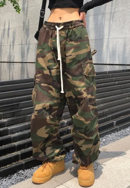 Women's Camo Cargo Pants - Drawstring Waist & Relaxed Fit