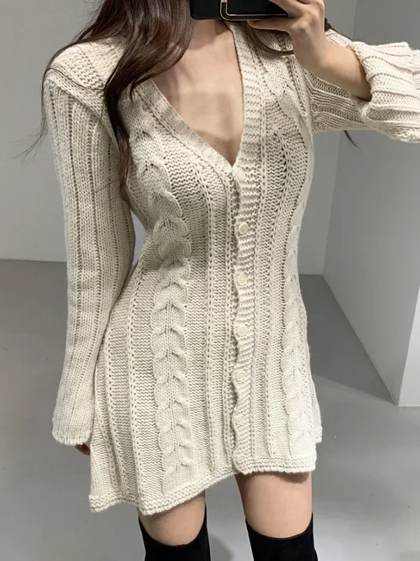 Chic Long Sleeve Cable Knit Sweater Dress for Stylish Comfort