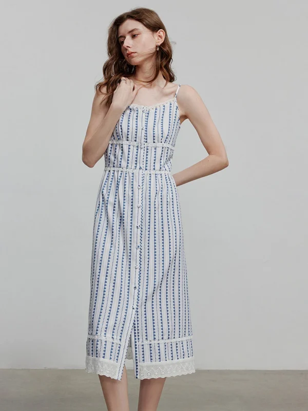 Elegant Striped A-Line Summer Dress for Women in Blue & White
