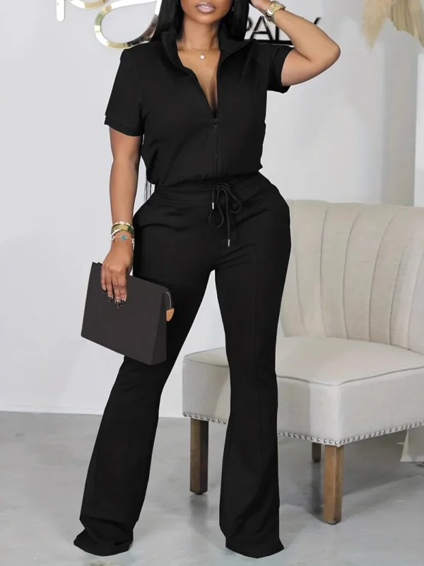 Chic Women's Casual Set with Zipper Front & Stylish Sleeves