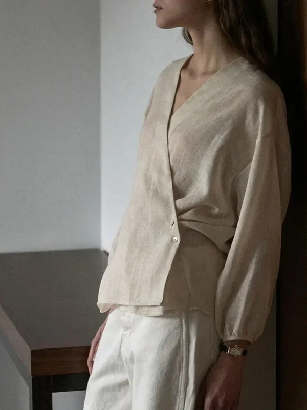 Vintage 100% Linen V-Neck Blouse For Women Long Sleeve Newly Cardigan Loose Casual Blusas Streetwear Fashion  Female Shirts