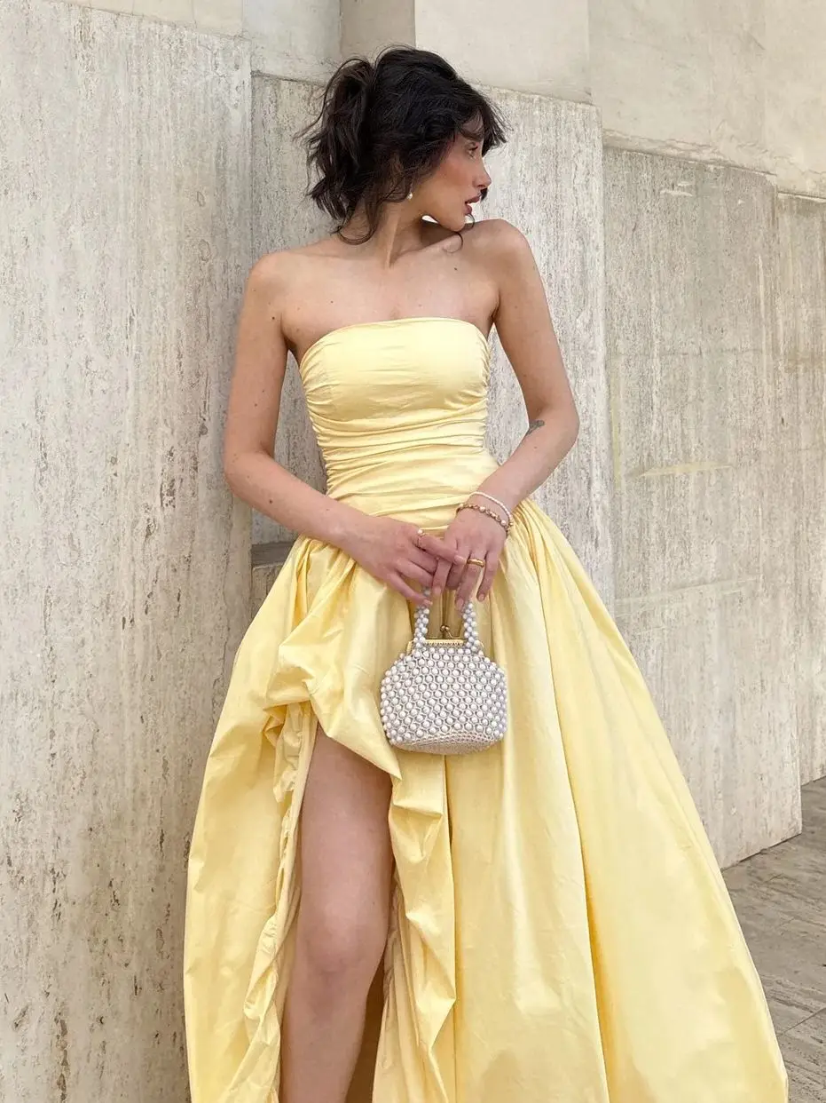 kf-S6a160c6117b4400ebe876c6a614eef21l Elegant Yellow Strapless Pleated Dress for Special Occasions