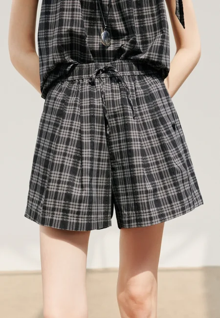 Luxe High-Waisted Wide Leg Shorts with Embroidered Plaid Design
