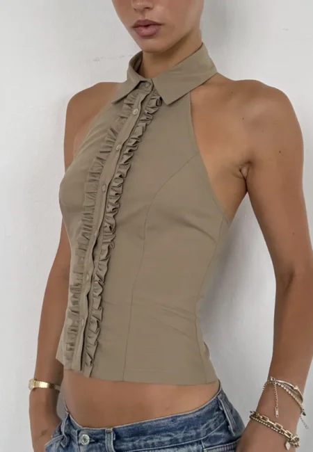 Gingham Halter Top Frill Trim Summer Tank Breathable Polyester